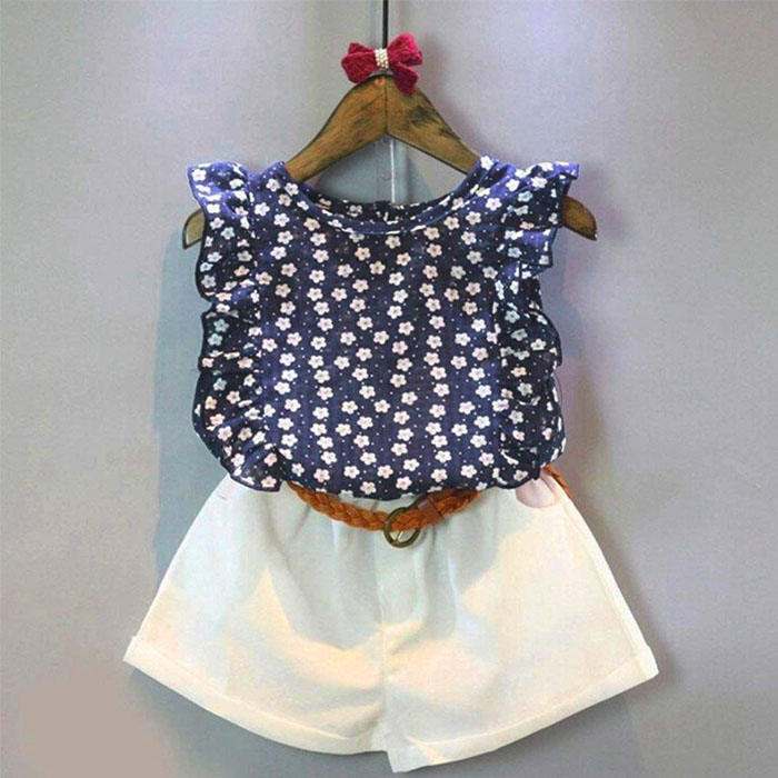 2 Pcs Floral Set Toddler Girls Outfits Clothes Vest Tops and Shorts