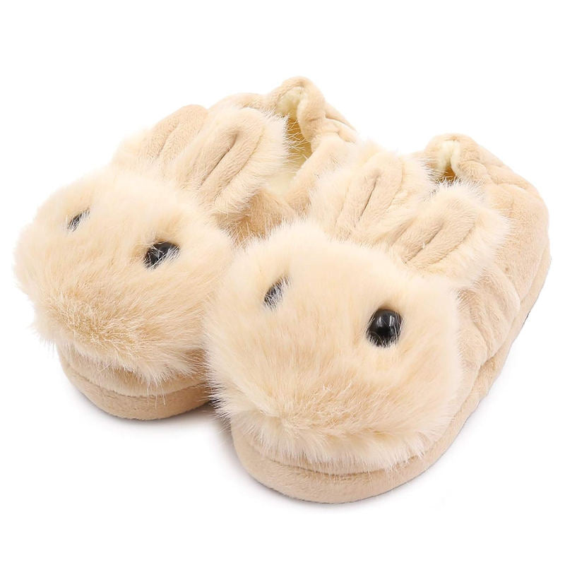 Fuzzy Rabbit Slippers for Toddler Girls Anti-Slip Warm House Shoes-Beige