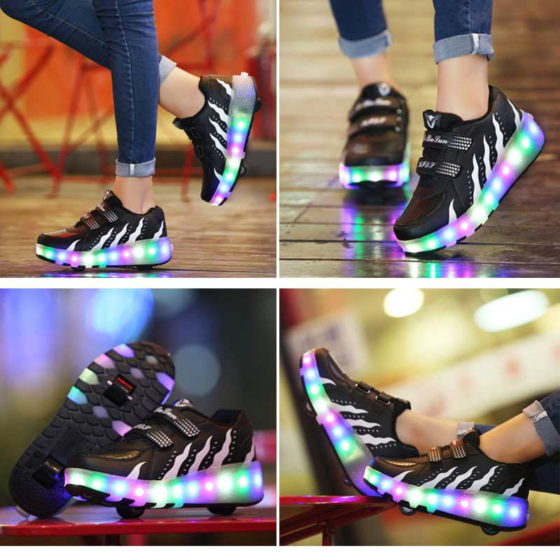 Rechargeable LED Light Shoes Roller Skates for Kids-028 Black