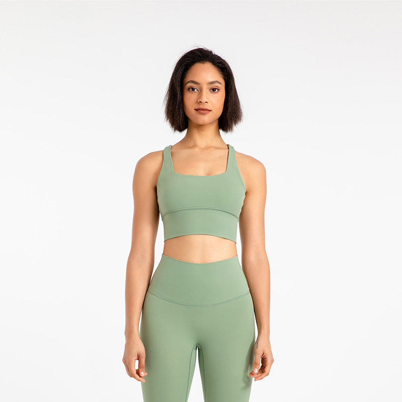 Cross Back Longline Sports Bras Wirefree Padded Crop Tank Top-Green