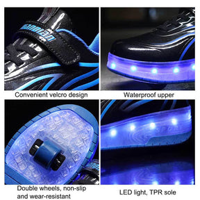 Double Wheel Roller Skate Shoes Light Up Sneakers for Boys Girls-Black Blue
