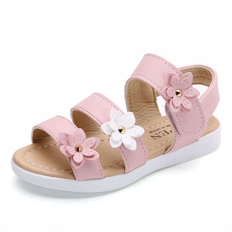 Girls Fashion Flower Sandals Flat Open Toe Shoes for Summer-Pink