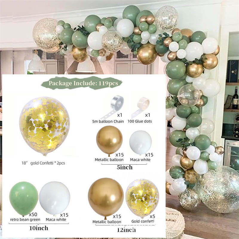 117 PCS Retro Green Balloon and Gold Metallic Chrome Latex Balloons Set for Wedding Birthday Decoration