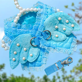 Adorable Pet Dog Harness and Leash Set with Lace Artificial Pearl Angel Wing-Blue