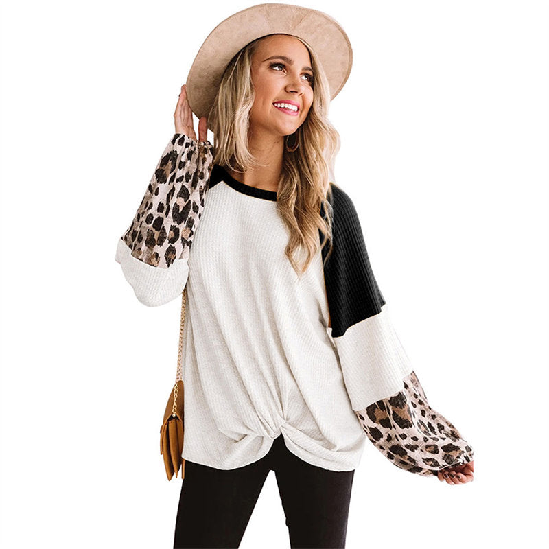 Womens Twist Knot Shirts Waffle Leopard Print Color Block Loose Fit Tops-Black