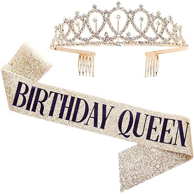 Birthday Girl Sash & Rhinestone Tiara Kit Birthday Gifts Glitter Birthday Sash Birthday Party Favors -Gold