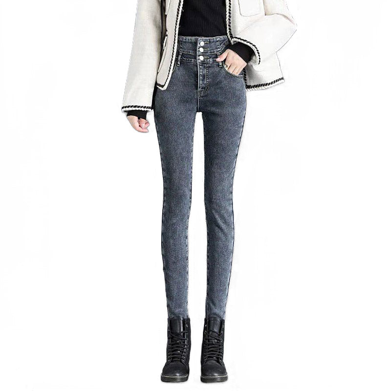Womens Jeans Button up Stretch Slim Fit High Rise Denim Pants-Grey Blue