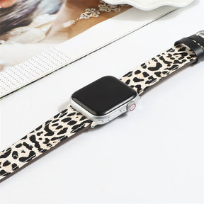 Genuine Leather Apple Watch Band Leopard Wristband for iWatch Series SE/6/5/4/3/2/1-White