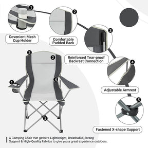 Lightweight Camping Chair with Arm Rest Cup Holder and Carry Bag-Grey