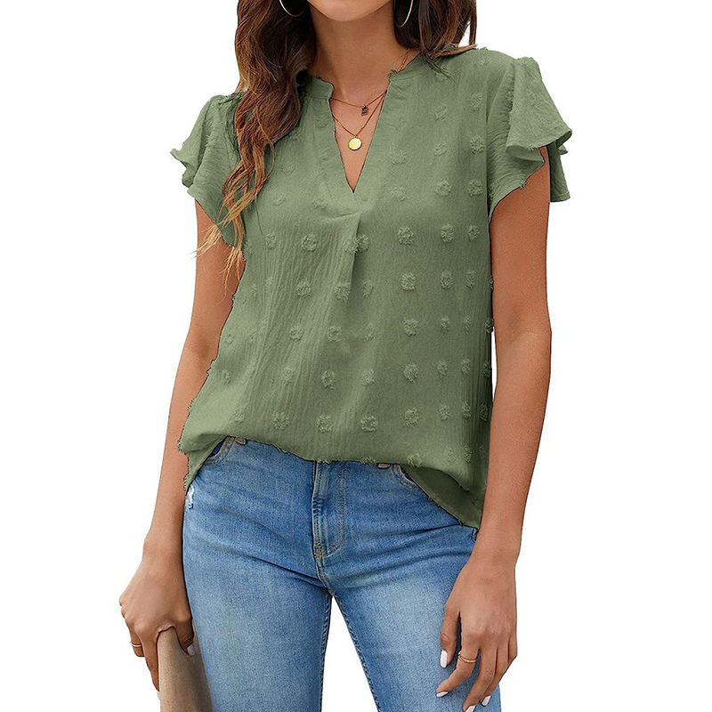 Womens Ruffle Shirts V Neck Short Sleeve Pom Chiffon Blouses Tops-Army Green