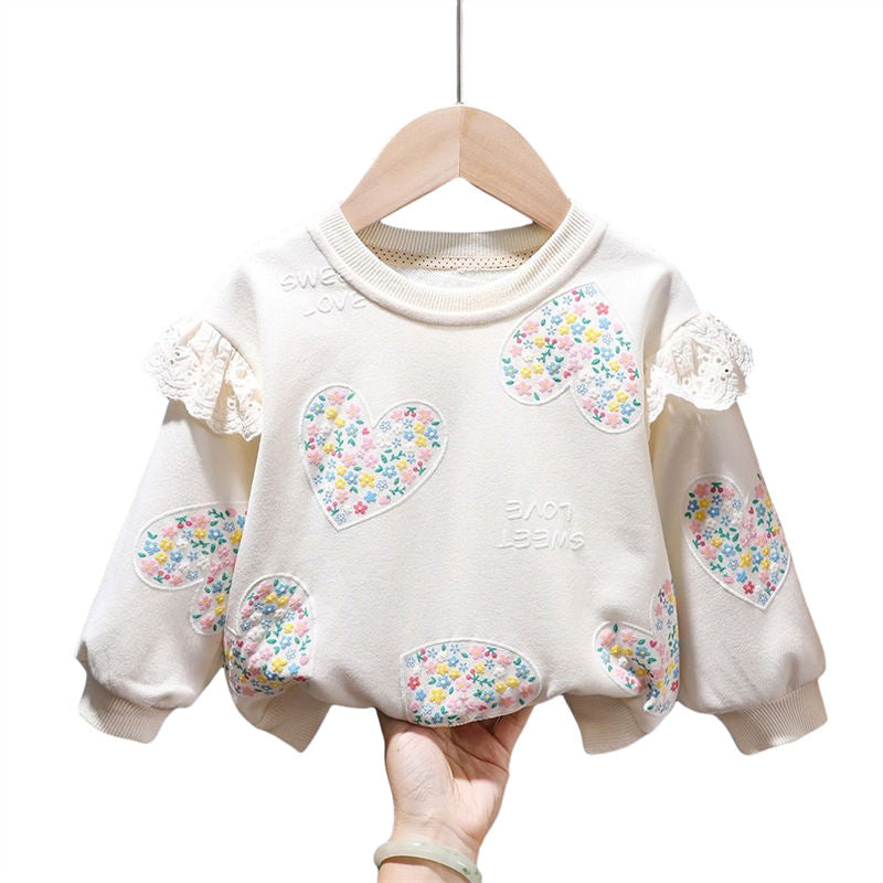 Toddler Girl Sweatshirts Pullover Crew neck Fall Winter Long Sleeve Tops-Beige