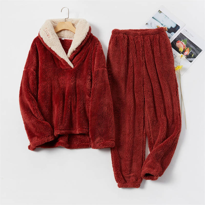 Womens Coral Fleece Oversized Pajamas Set-Red