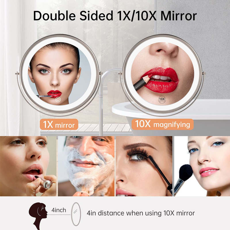 Wall Mounted Lighted Makeup Mirror 8inch 10X Magnifying Cosmetic Mirror with 3 Color Modes Battery Type-Nickel