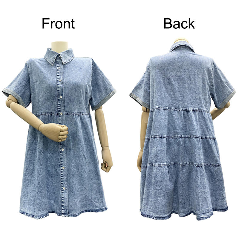 Womens Casual Denim Dress Short Sleeve Button Down Tiered Babydoll