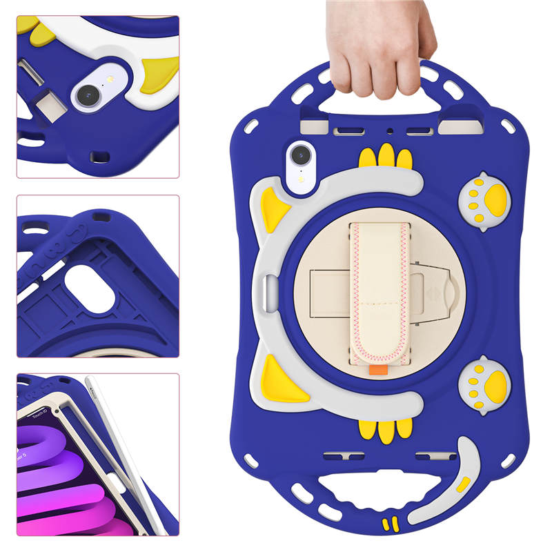 CatA iPad Silicone Case For iPad Mini 6 Built-in Handle Stand With a Strap-Dark Blue