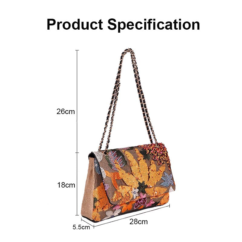 Women Fashion Crossbody Embroidery Shoulder Bag with Chain for Vacation-Orange