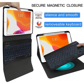 Removable Square Keyboard Case For iPad 7 Color Backlit with Pen Slot Wireless BT Lightweight Case-Black