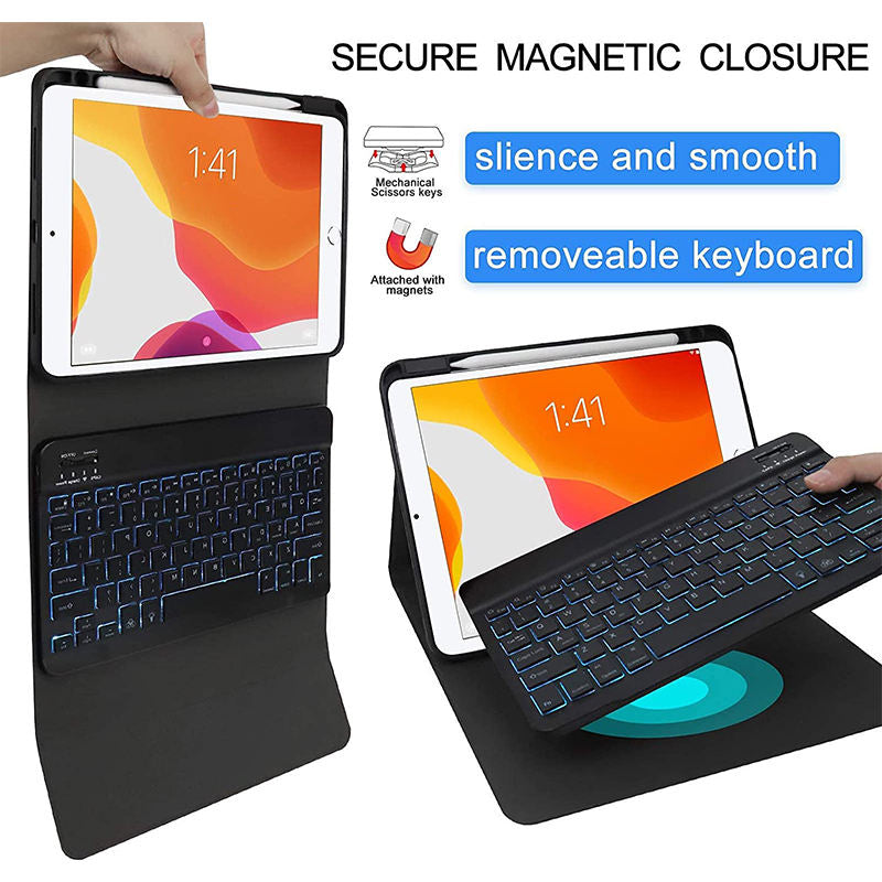 Removable Square Keyboard Case For iPad 7 Color Backlit with Pen Slot Wireless BT Lightweight Case-Black