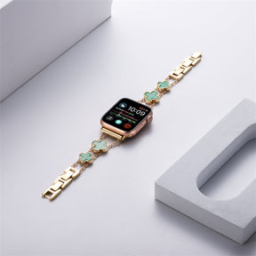 Apple Watch Band Luxury Four-leaf Clover Thin Stainless Steel for iWatch Series SE/6/5/4/3/2/1-Gold+Green