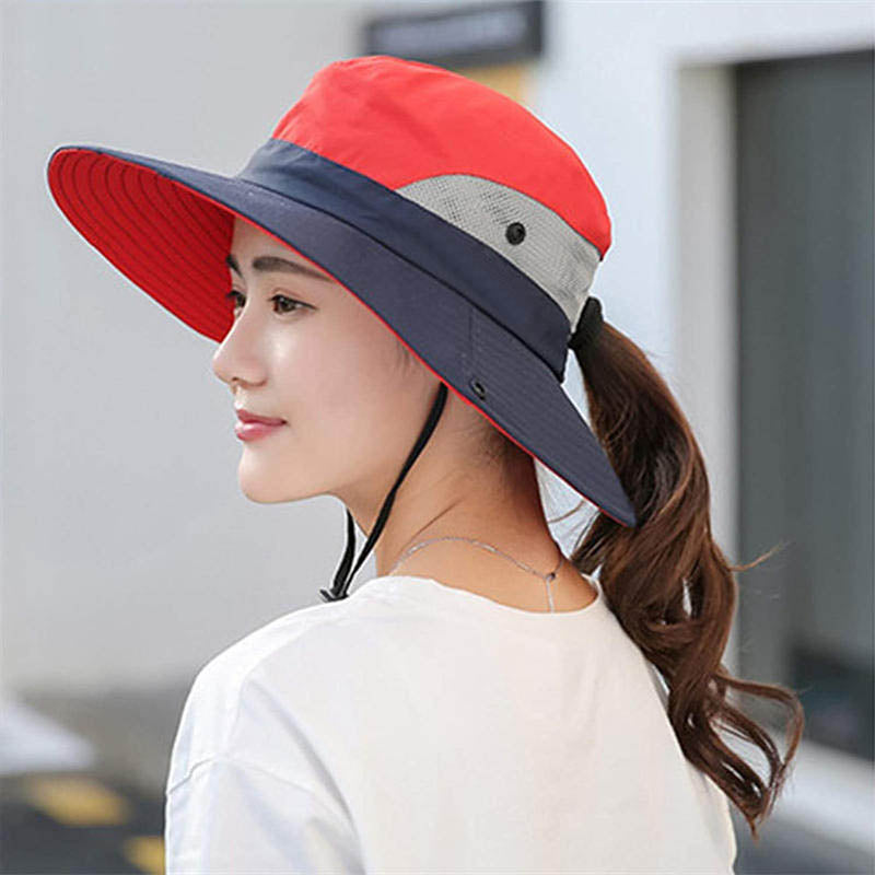 Women's UV Protection Wide Brim Sun Hat-Cool Mesh Foldable Travel Outdoor Fishing Hat-Red+NavyBlue