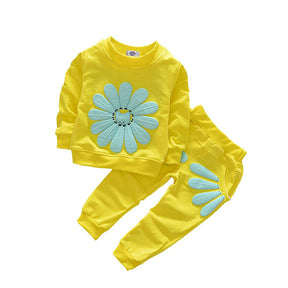 Baby Girls 2 Pcs Sunflower Clothes Set Long Sleeve Top And Pants Outfits-Yellow