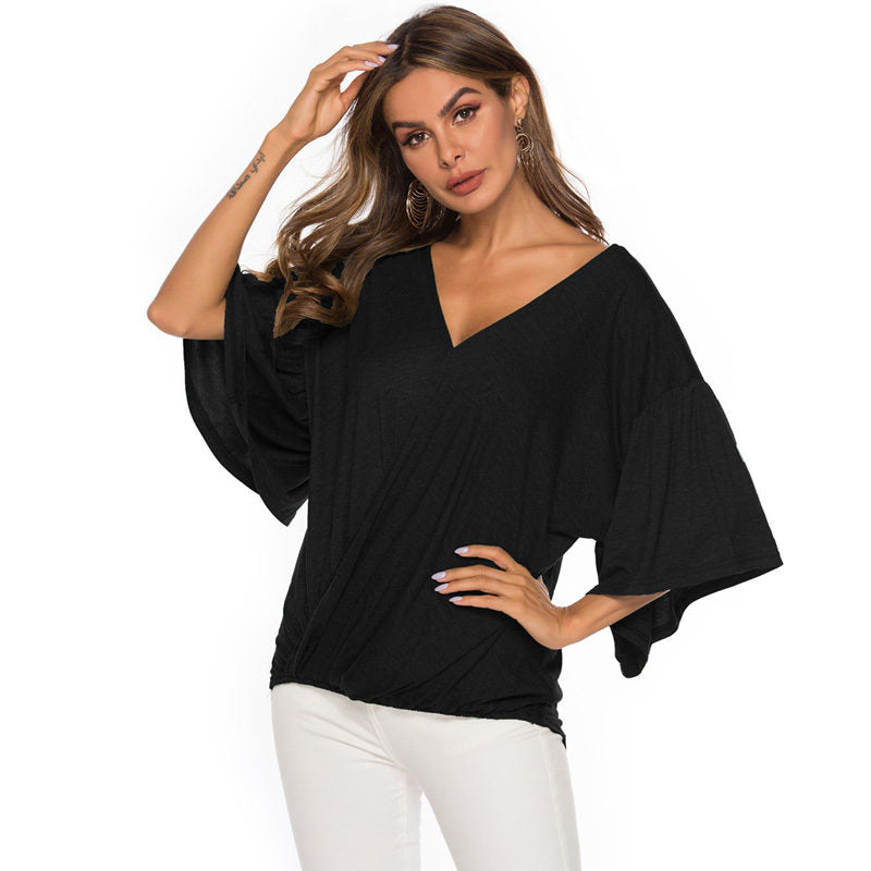 Womens Summer Ruffle Sleeve V-Neck T-Shirt Knot Tops-Black