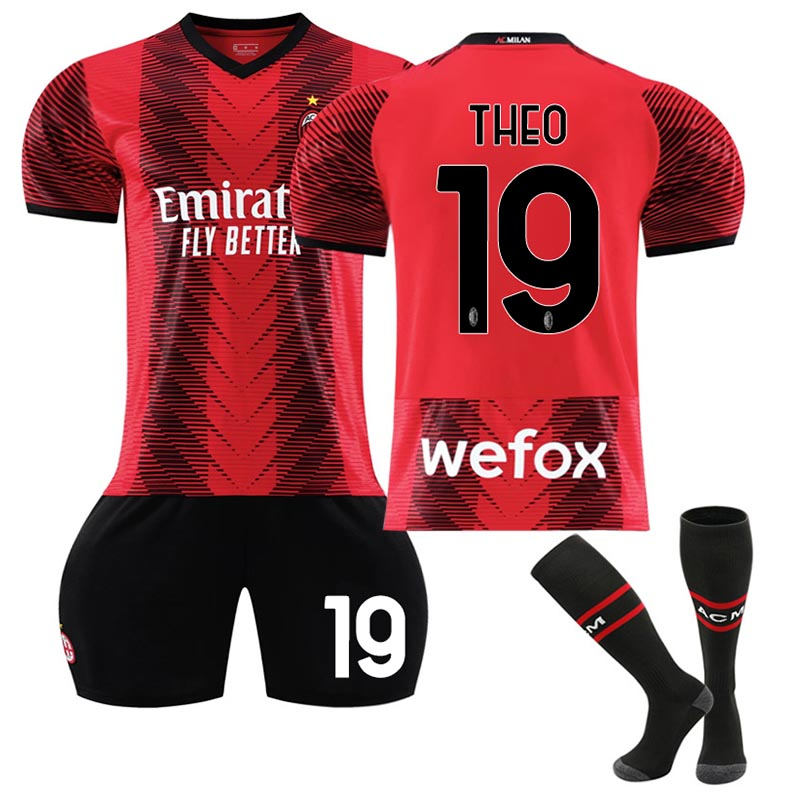 AC Milan Home Jersey THEO #19 Soccer Jersey Kids Adult 3-Pieces Jersey Kits