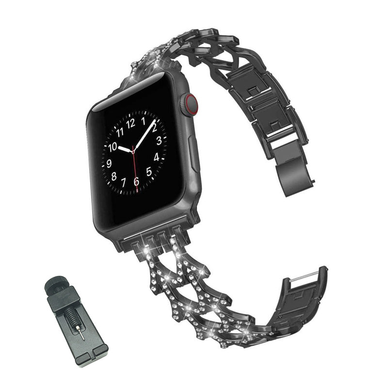 SFJ Watch Band Diamond Rhinestone Stainless Steel Wristbands for Apple IWatch Series 1/2/3/4/5/6/SE For Women-Black