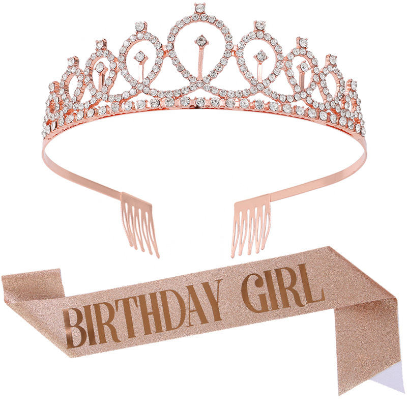 Birthday Girl Sash & Rhinestone Tiara Kit Birthday Gifts Glitter Birthday Sash Birthday Party Favors -Rosegold