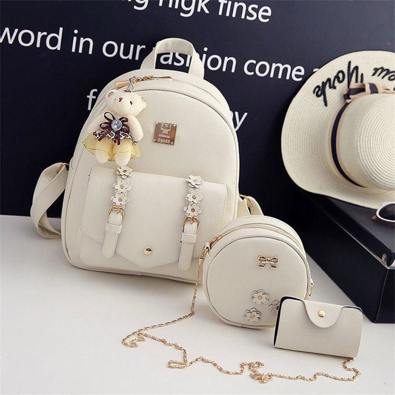 Mini Leather Backpack Purse 3-Pieces Fashion Flower Zipper Daypacks for Girls and Women-White