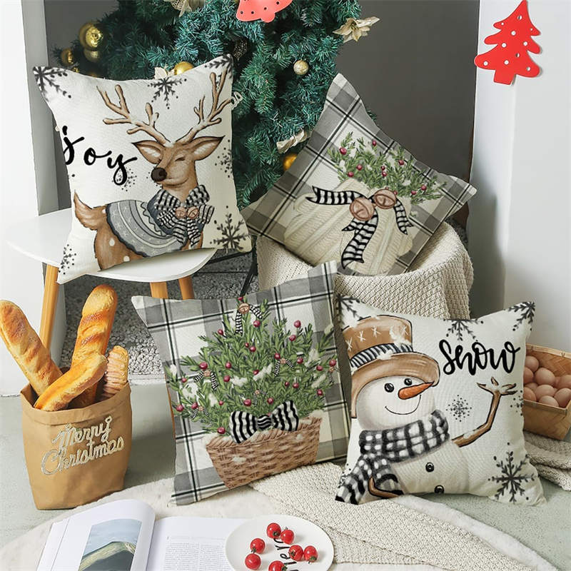 4Pcs Christmas Pillow Covers 45 x 45cm Snowman Reindeer Pattern Cushion Decorative