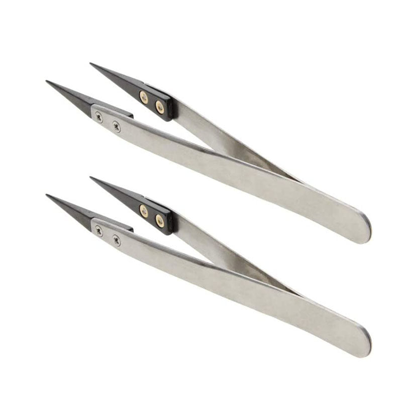 2 Pack Precision Ceramic tweezers Anti-Static Highly Heat Resistant Tweezers-BlackSilver