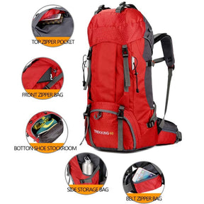 60L Waterproof Lightweight Hiking Backpack with Rain Cover for Climbing Camping-Red