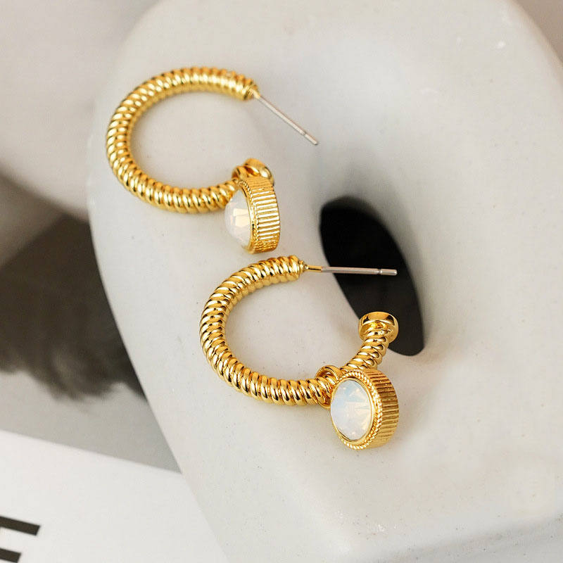 Geometric C-shaped Twisted Stud Earrings with Round Pendant