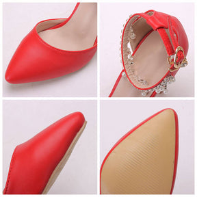 Pointed Toe 9.5cm High Heel Pearl Ankle Strap Wedding Dress Pump-Red