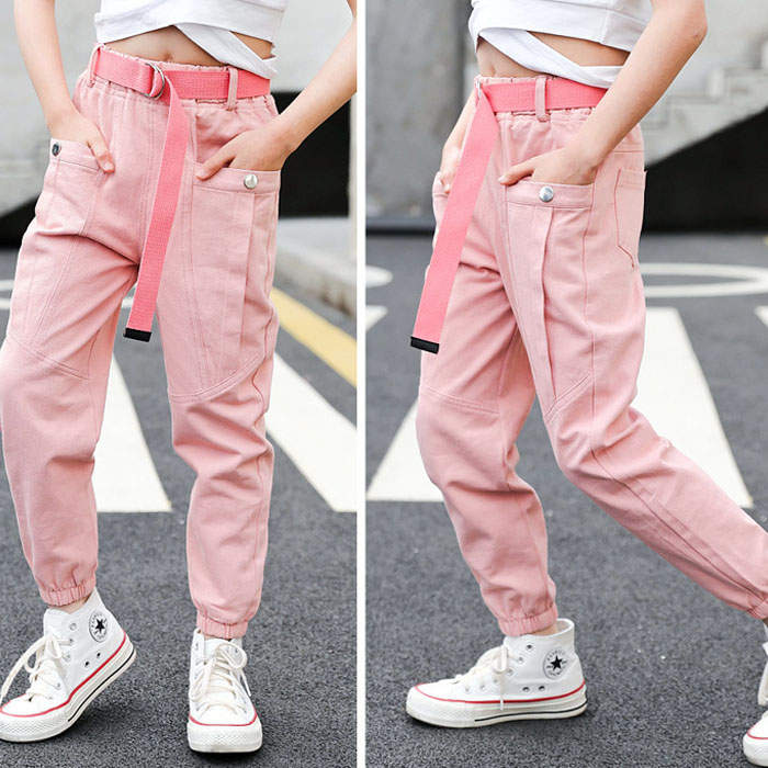 Girls Joggers Long Pants Pockets Outdoor Casual Trousers Buttons-Pink