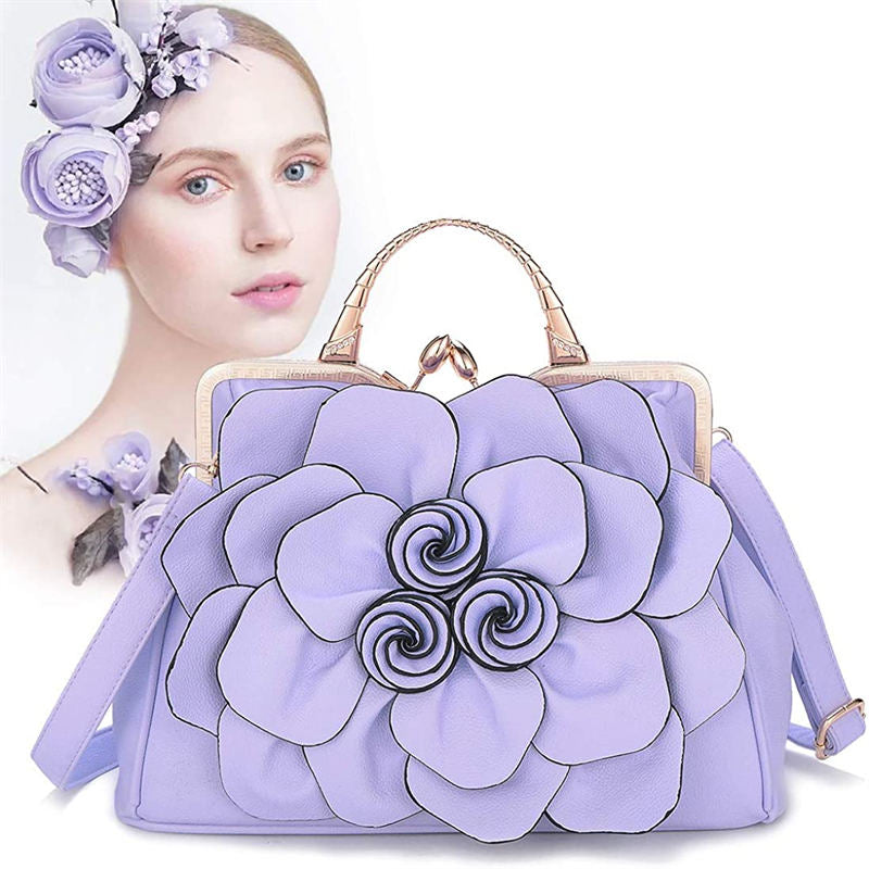 Womens Rose Flower Evening Clutches Formal Party Totes Shoulder Bag-LightPurple