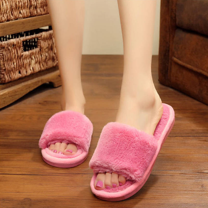Womens Fuzzy Slippers Open Toe Cozy Memory Foam Sandals-Furry Pink