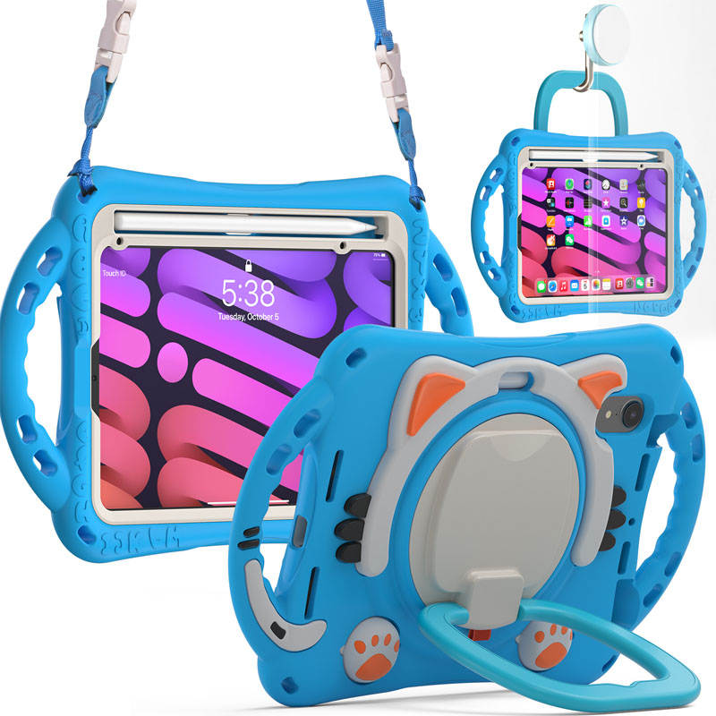 CatB Silicone Case For iPad Mini 6 Shockproof Shoulder Strap Handle Stand-Light Blue