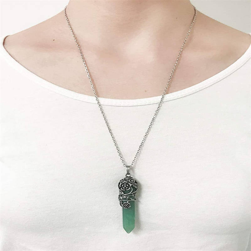 Antique Silver Flower Wrapped Crystal Necklace-Green