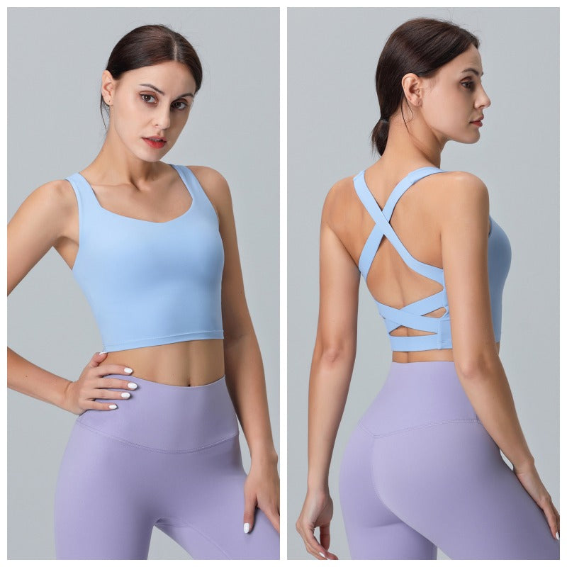 V Neck Longline Sports Bras Padded Wirefree Stretchy Yoga Camisole-Blue