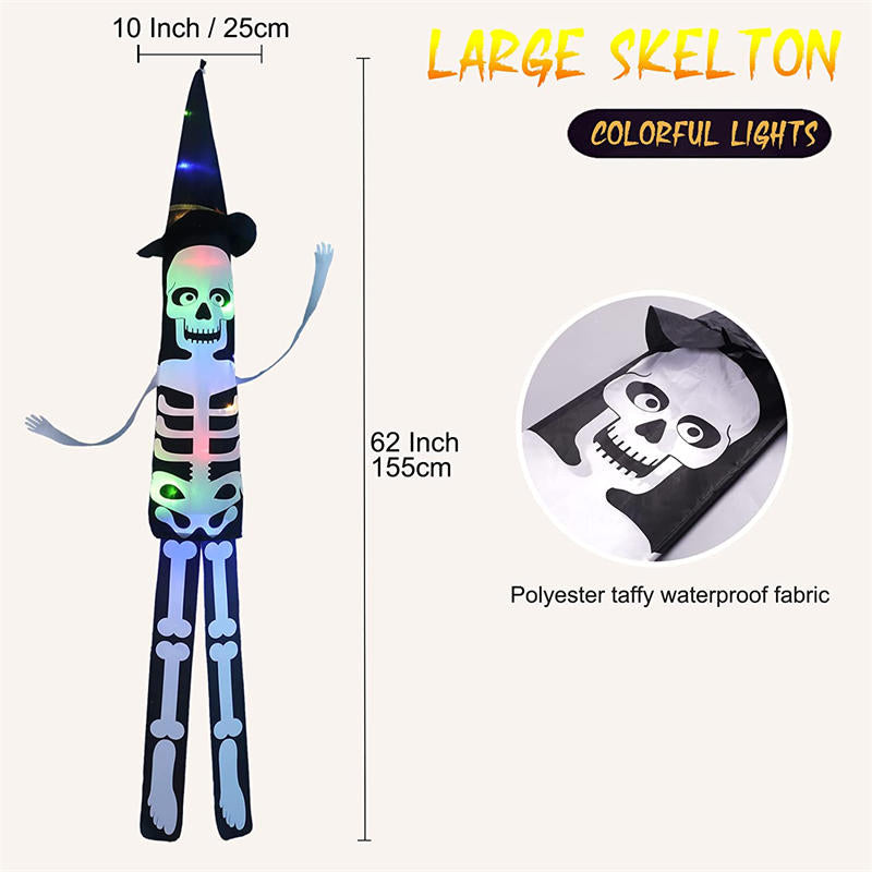 2 Pack Large Hanging Lighted Glowing Skeleton Flag for Indoor Outdoor Yard Decor-Color Light