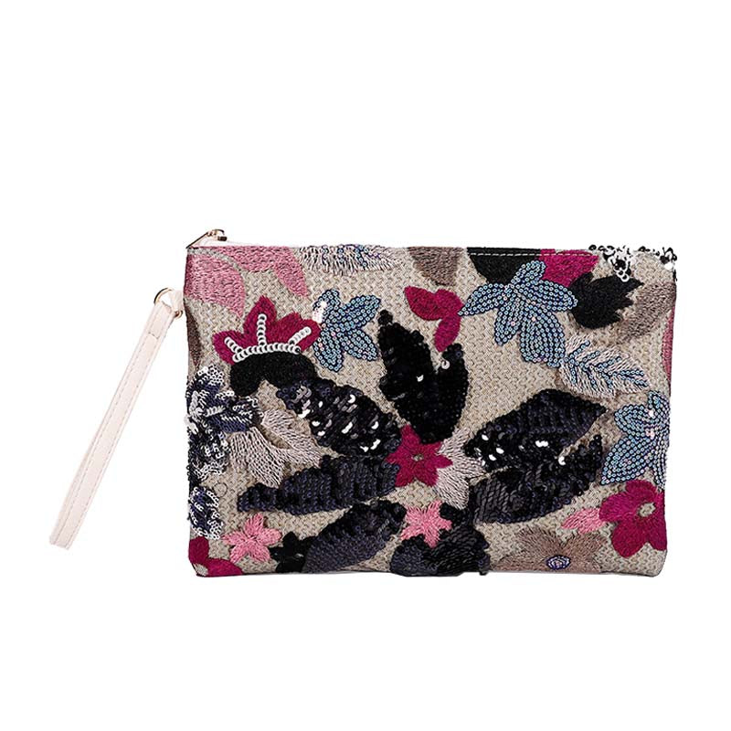 Women Clutches Embroidery Sequins Design Straw Bag for Vacation-Black