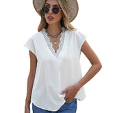 Womens Lace V Neck Blouse Solid Color Summer Lightweight Casual Chiffon Shirt-White