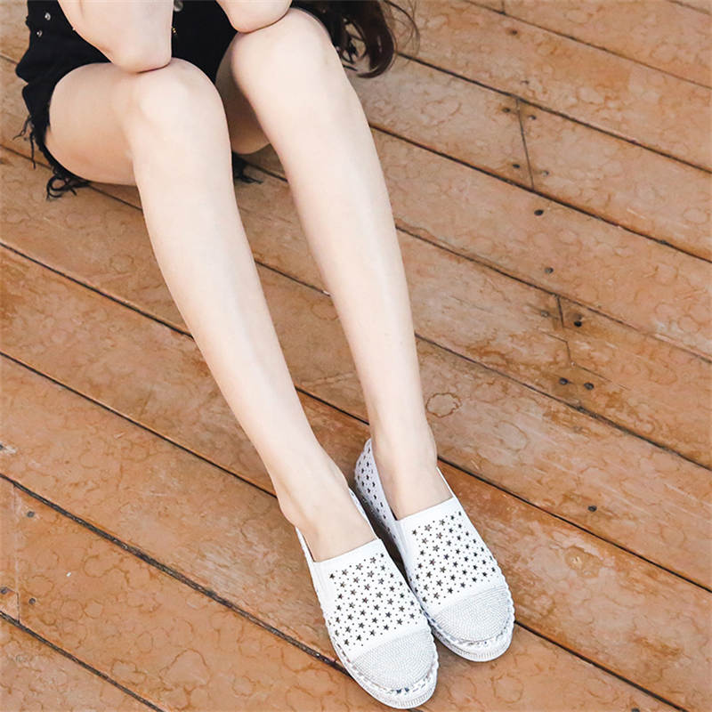 Womens Cutout Loafer with Diamond  Flat Slip on Sneakers-White