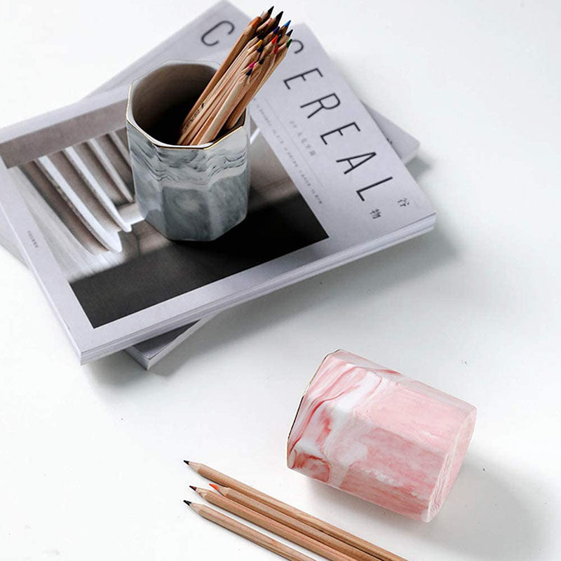 Ceramic Desk Pen Holder Stand Marble Pattern Pencil Cup Pot Desk Organizer Makeup Brush Holder -Pink