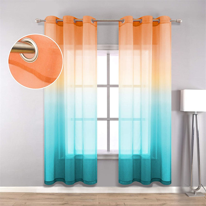 2 Panel Sheer Ombre Curtains Grommet Drapes for Girls Bedroom-OrangeGreen