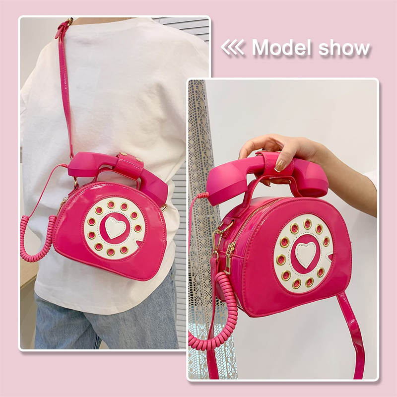 Women Telephone Shaped Handbag Retro Phone Top-Handle Crossbody Bags-RoseRed