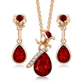 Rose Crystal Necklace and Earrings Set for Mom Wife-GoldRed