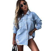 Women Ripped Denim Jacket Boyfriend Mid Long Trucker Coat-LightBlue